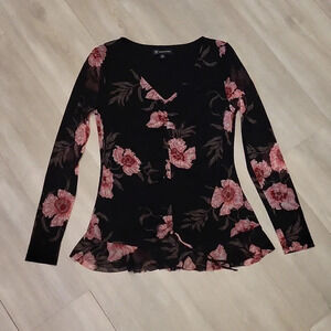 🛍INC International Concepts Sheer‎ Sleeved Black Floral Blouse Womens Size XS